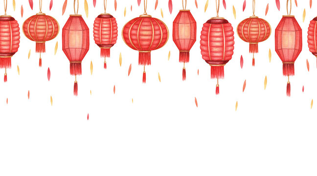 Hand drawn watercolor pattern. Watercolor seamless chinese texture. Many red chinese laterns and small petals on white background. Traditional asian decoration.