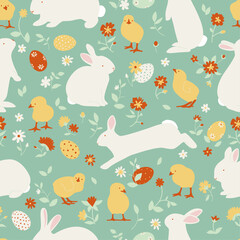 Eastern seamless pattern with bunnies, chicks, eggs and flowers. Cute vector Illustration. Green, white, orange background. © shmatia