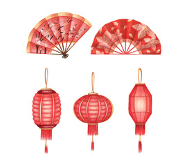 Obraz premium Hand drawn watercolor decorations set. Chinese decor red fans, laterns, traditional elements. Festive elements on white background isolated.