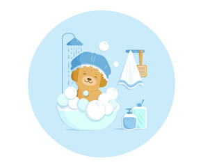 Cute happy puppy takes shower in a littlle dog bath