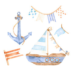 Cute watercolor elements on a marine theme - anchor with a rope, sailboat, various flags in beige and blue for design, decor, stickers, decor and scrapbooking. © CreatArtStudio