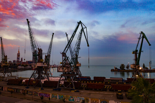Batumi, Georgia - August 7, 2021: Harbor cargo cranes with drone aerial photos