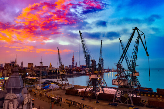 Batumi, Georgia - August 7, 2021: Harbor cargo cranes with drone aerial photos