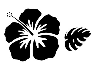 ハイビスカスの花とモンステラのシルエット_イラスト素材 © ふわぷか