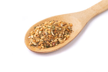 Top view, closeup of typical south american chimichurri on a wooden spoon