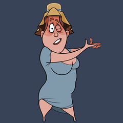 cartoon funny woman in a hat in despair points with her hands in front of her
