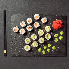 California roll and Avocado maki sushi roll top view