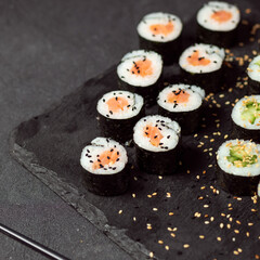 California roll and Avocado maki sushi roll top view