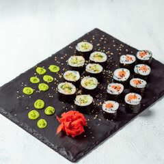 California roll and Avocado maki sushi roll top view