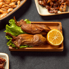 Chick snack with lemon close up