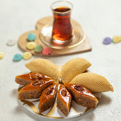 Shekerbura, Azerbaijani national food with baklava close up