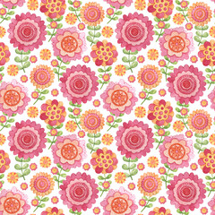 Cute background with stylized pink and orange flowers and leaves. Hand-drawn bright seamless watercolor pattern. Print for fabrics, textiles, wallpaper, decor, wrapping paper and design.