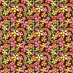 Background with decorative abstract figures in hippie style. Hand-drawn bright seamless watercolor pattern. Retro print for fabrics, textiles, wallpaper, decor, wrapping paper and design.