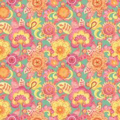 Contrasting background with abstract floral patterns in the style of the 70s. Hand-drawn bright seamless watercolor pattern. Retro print for fabrics, textiles, wallpaper, decor, wrapping paper.