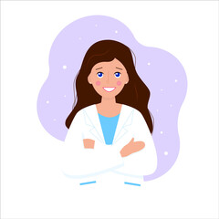 Obraz premium Young European women smiling in a doctor's gown. Flat vector illustration