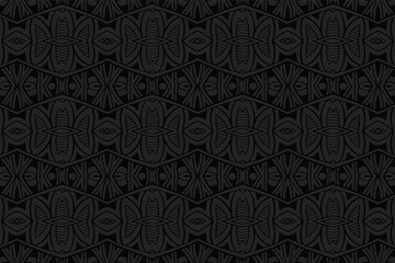 Geometric volumetric convex black background. Ethnic African, Mexican, Indian motives. Doodling style. 3d embossed national traditional pattern.