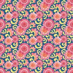Blue background with abstract ornaments, flowers and leaves in the style of the 70s. Hand-drawn bright seamless watercolor pattern. Print for fabrics, textiles, wallpaper, decor, wrapping paper
