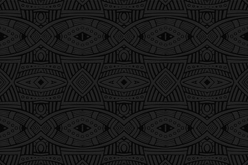 Geometric volumetric convex black background. Ethnic African, Mexican, Indian motives. Doodling style. 3d embossed beautiful stylish pattern.