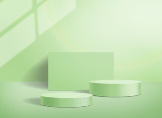 Cylinder abstract podium on pastel green background. Olive color stand to show cosmetic products. Stage showcase on pedestal vector
