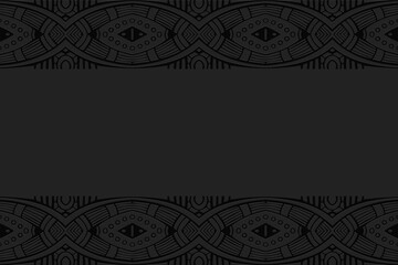 Geometric volumetric convex black background. Ethnic African, Mexican, Indian motives. Doodling style. 3D embossed beautiful stylish pattern. Horizontal inserts.