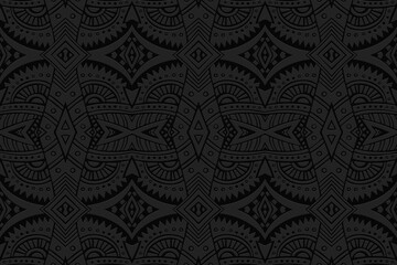 Geometric volumetric convex black background. Ethnic African, Mexican, Indian motives. Doodling style. 3d embossed national stylish fashion pattern.

