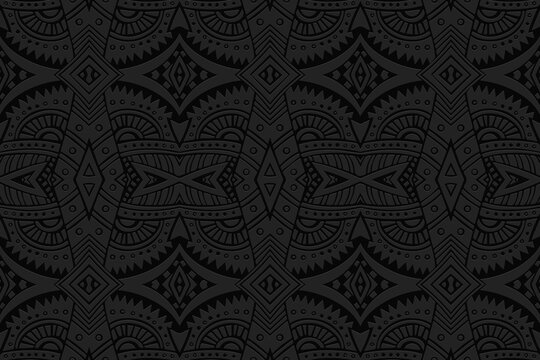 Geometric volumetric convex black background. Ethnic African, Mexican, Indian motives. Doodling style. 3d embossed national stylish fashion pattern.
