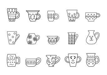 Set of tea and coffee mugs. Black contour on a white background. Vector illustration in doodle style