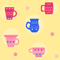 Seamless pattern with colored mugs of pink and blue color on yellow background. Vector illustration in doodle style.