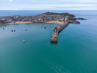 aerial st ives harbour near carbis bay location of the G7 Cornwall england uk 