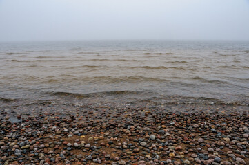 Foggy beach with pebbles