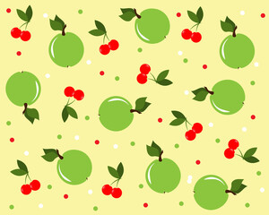pattern with green apples and cherries 
