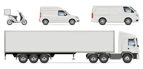 Delivery vehicles vector mockup for vehicle branding, advertising, corporate identity. Truck, van, motorcycle, minivan with side view on white background. All elements in the groups on separate layers