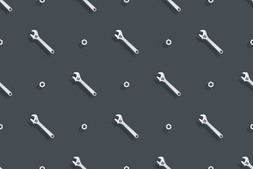 Adjustable metal wrench seamless pattern. Background from a metal wrench and nut. 
