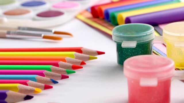 School art supplies on a white table