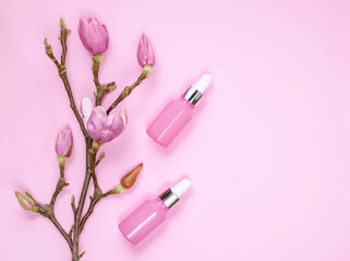 Cosmetic skincare background. Herbal medicine with magnolia flowers, remedies for the spa