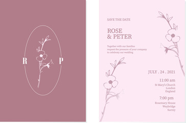 Elegant wedding invitation card with beautiful floral ornaments, Save the date.