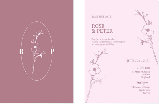 Elegant wedding invitation card with beautiful floral ornaments, Save the date.