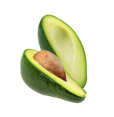 Two halves of an avocado close-up isolated on a white background.
