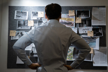 Policeman Searching Crime Investigation Board