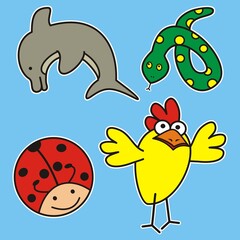 Set of four animals, dolphin, snake, ladybug and rooster, vector illustration