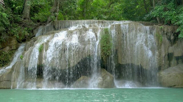 Erawan waterfall second level in National Park, famous tourist destination in Kanchanaburi, Thailand.