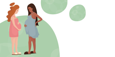 Concept template banner design about childbirth, motherhood, parenthood, support during unplanned pregnancy. Black and white pregnant women communicate. Advertising of artificial insemination
