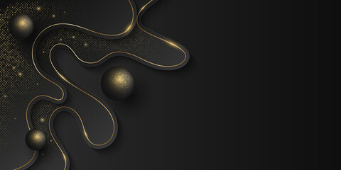 Elegant luxury background of wavy shapes with gold glittering 3d balls on a black background. Abstract pattern of sparkling dots .Luxurious design for web page cover. Vector illustration.