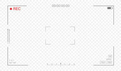 Video camera viewfinder. Camera frame template isolated on transpatent background. Camera frame 16:9 - vector illustration