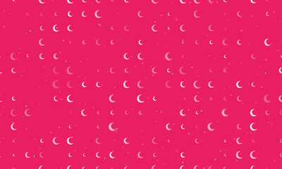 Seamless background pattern of evenly spaced white moon symbols of different sizes and opacity. Vector illustration on pink background with stars