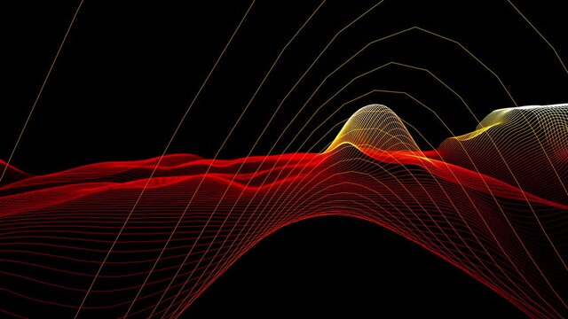 Music sound effects. Abstract red waves landscape rendering, 3D modulation. Modern geometric background with moving digital lines. Colorful futuristic animation. Dj party.