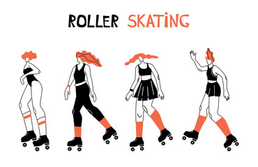 Vector illustration with roller skating woman. Cartoon character doing sport.