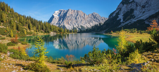 pictorial colorful autumn landscape, tirolean alps, lake Seebensee