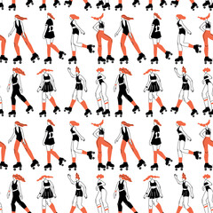 Seamless pattern with roller skating woman. Cartoon character doing sport.