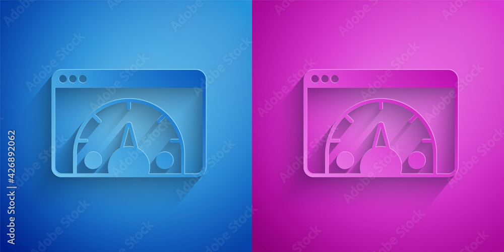 Poster paper cut web analytics information and development website statistic icon isolated on blue and purp